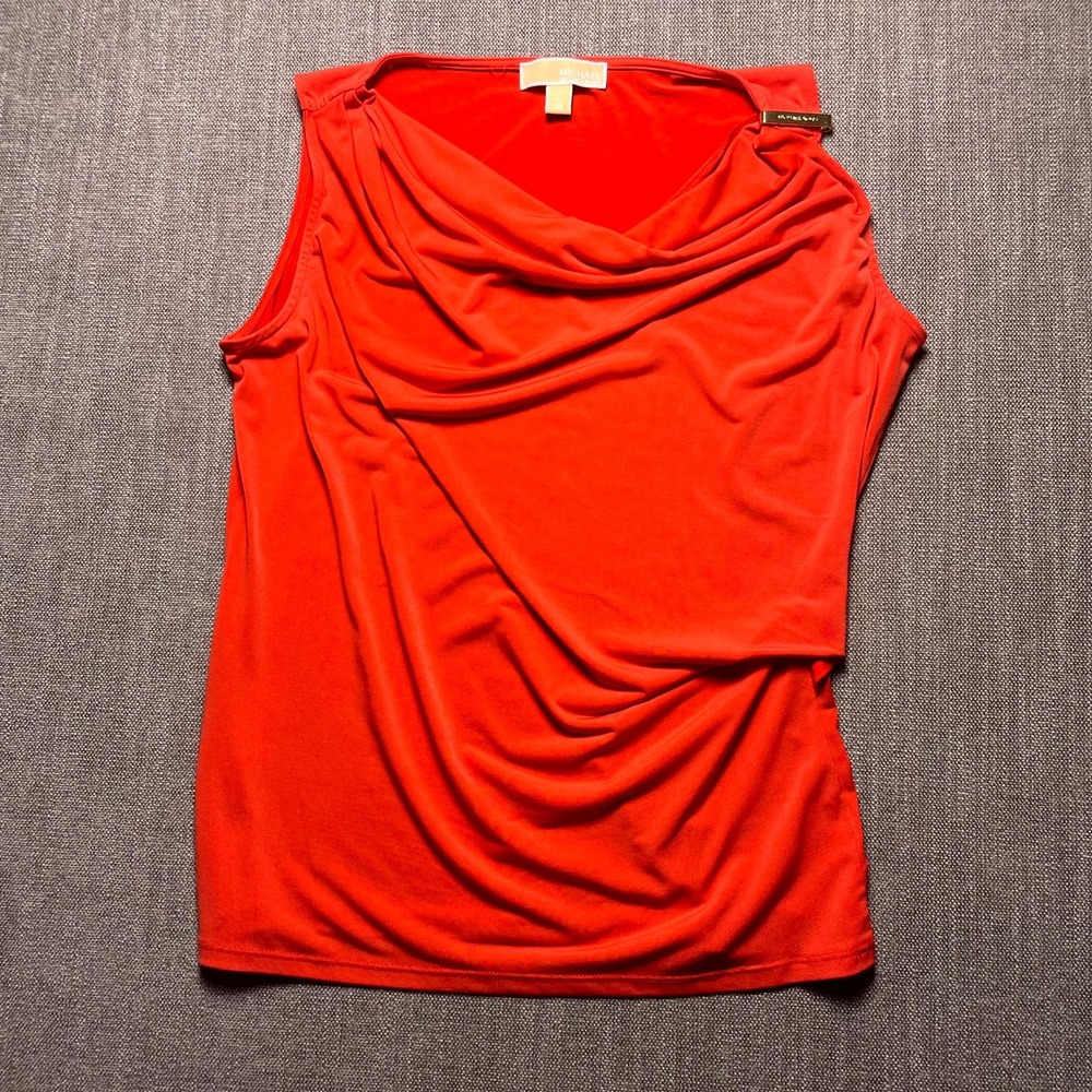 Michael Kors Womens Red Cowl Neck Ruched Tank Top Large Draped Preppy Sleeveless